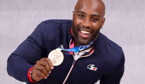 TOKYO, JAPAN - JULY 30: Teddy Riner poses with his Bronze Medal of the +100kg category during day seven at the judo events of the Tokyo 2020 Olympic Games at Nippon Budokan on July 30, 2021 in Tokyo, Japan. (Photo by Jean Catuffe/Getty Images)